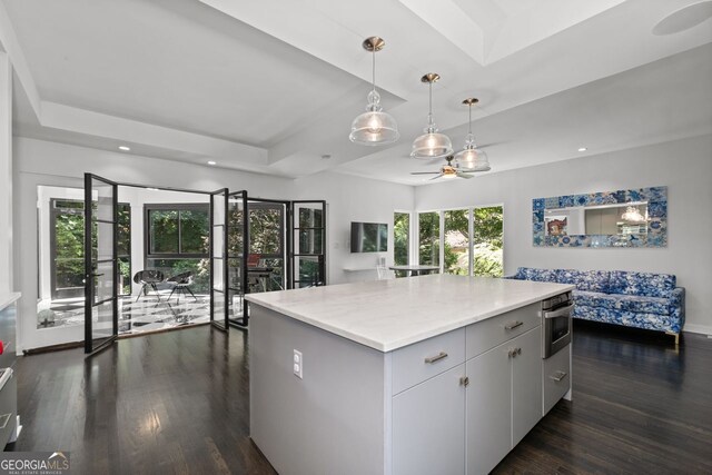 kitchen with dark hardwood / wood-style floors, hanging light fixtures, a tray ceiling, and a kitchen island