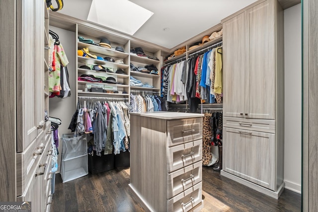 walk in closet featuring dark hardwood / wood-style floors and a skylight