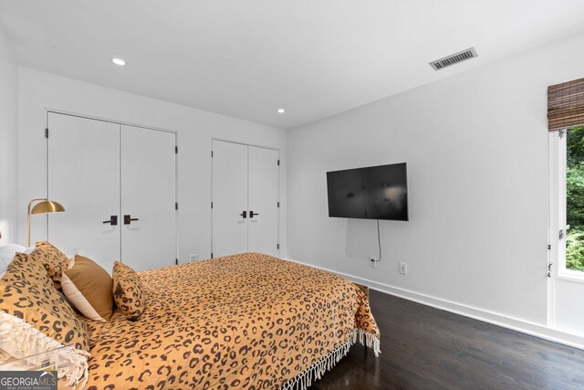 bedroom featuring multiple closets, dark wood-type flooring, and multiple windows