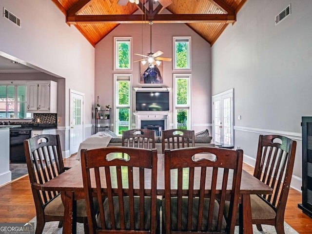 dining area featuring light hardwood / wood-style flooring, high vaulted ceiling, a wealth of natural light, and ceiling fan