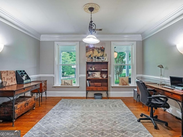 office area featuring hardwood / wood-style floors and ornamental molding