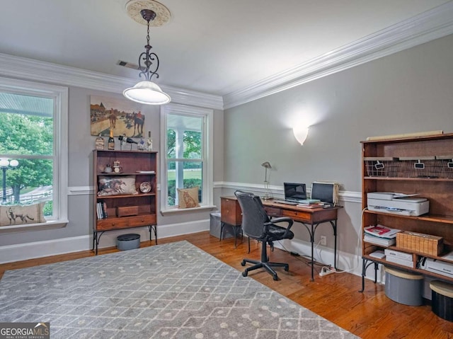 office with hardwood / wood-style floors, plenty of natural light, and ornamental molding