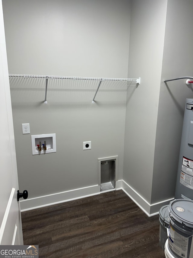 clothes washing area with electric water heater, dark hardwood / wood-style flooring, electric dryer hookup, and washer hookup