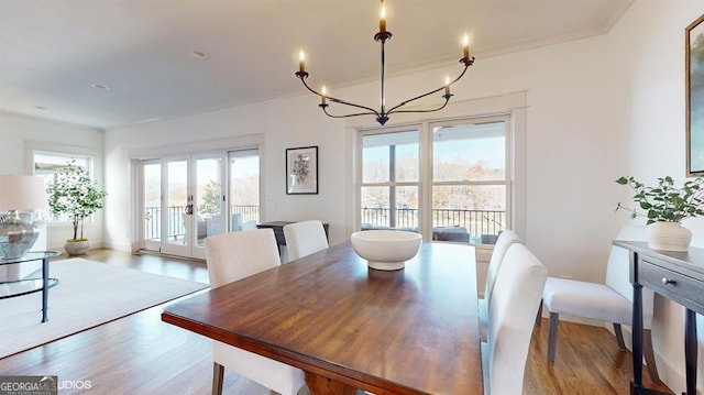 dining area featuring an inviting chandelier, a wealth of natural light, and light hardwood / wood-style flooring