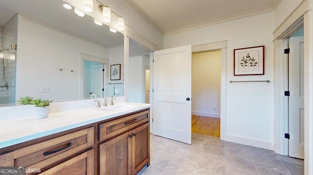 bathroom with tile patterned floors, vanity, a shower with door, and crown molding