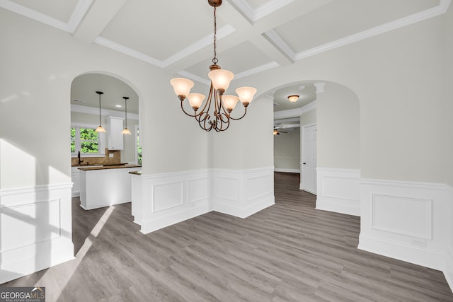 1216 Trophy Club Ave, Dacula, GA 30019 - interior space with coffered ceiling, ceiling fan with notable chandelier, hardwood / wood-style floors, and ornamental molding