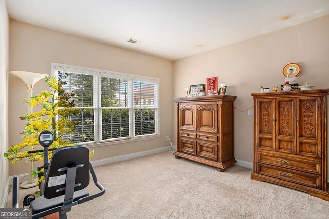 interior space featuring light carpet