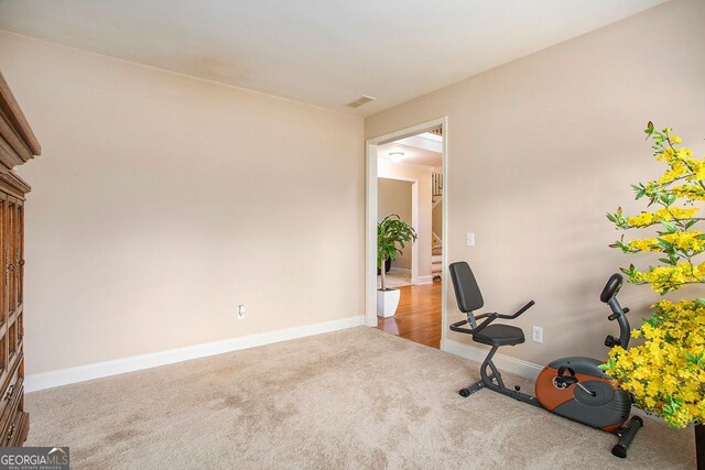 workout room featuring light carpet