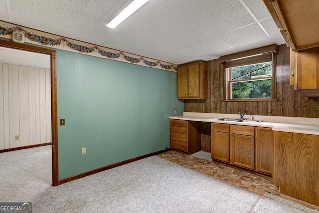 kitchen featuring light carpet, a drop ceiling, and sink