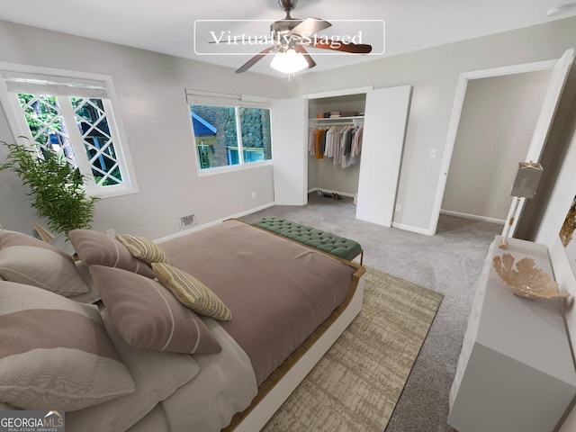 bedroom featuring carpet flooring, ceiling fan, and a closet