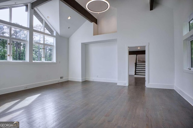 unfurnished living room featuring dark hardwood / wood-style flooring, plenty of natural light, beamed ceiling, and high vaulted ceiling