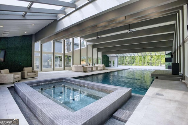 view of swimming pool with an indoor in ground hot tub, an outdoor living space, ceiling fan, and a patio area