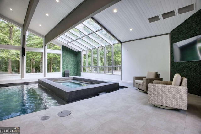 living room with beamed ceiling, wooden ceiling, and high vaulted ceiling