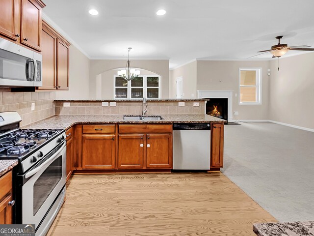 kitchen with sink, stainless steel appliances, crown molding, decorative backsplash, and ceiling fan with notable chandelier