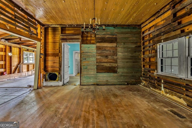 interior space featuring wooden ceiling, hardwood / wood-style flooring, and wooden walls