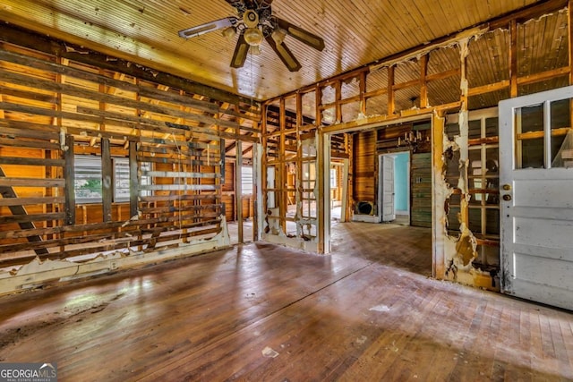 miscellaneous room featuring hardwood / wood-style flooring, ceiling fan, and wooden ceiling