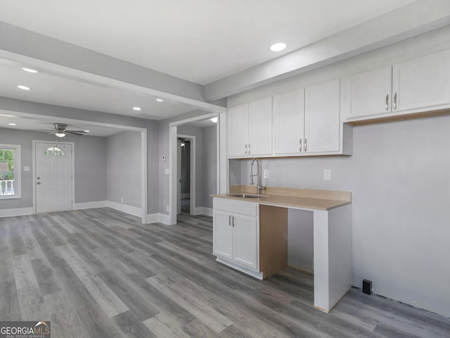 kitchen featuring ceiling fan, light hardwood / wood-style floors, white cabinetry, and sink