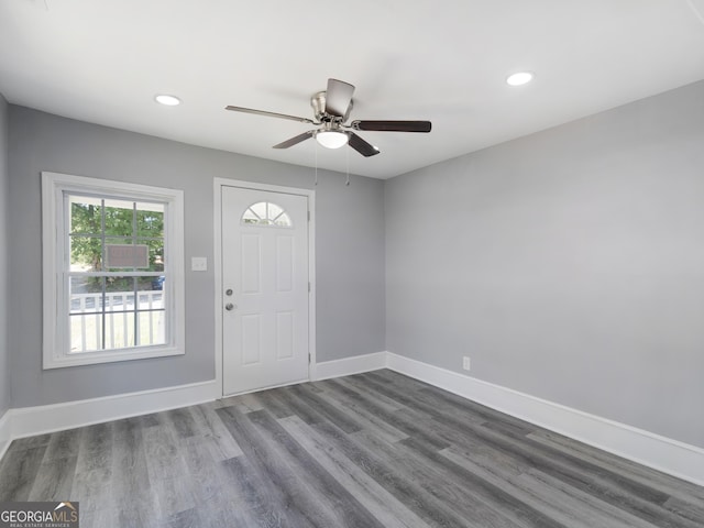 entryway with hardwood / wood-style floors and ceiling fan