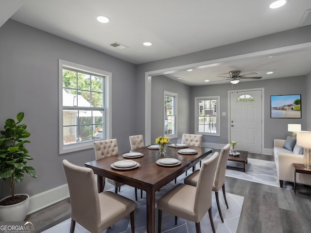 dining area featuring ceiling fan and dark wood-type flooring