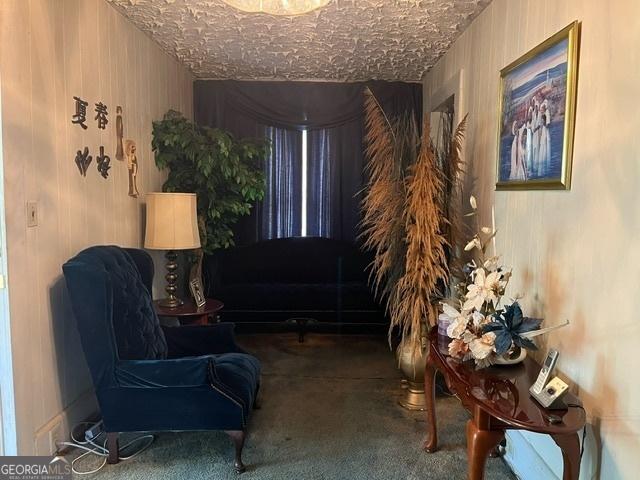 sitting room featuring carpet flooring and a textured ceiling