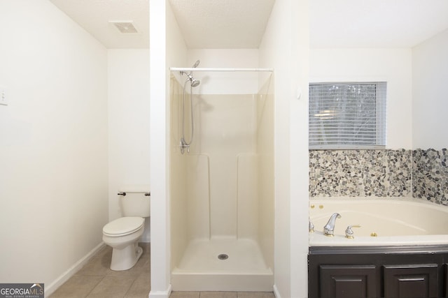 bathroom with tile patterned flooring, plus walk in shower, a textured ceiling, and toilet