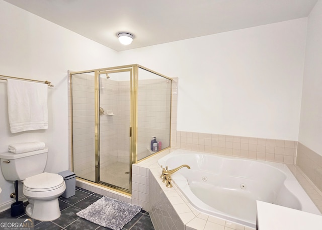 bathroom with separate shower and tub, toilet, and tile floors