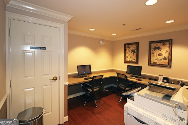 office with dark hardwood / wood-style flooring and crown molding