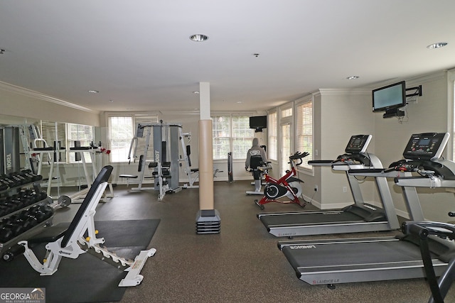 workout area featuring a healthy amount of sunlight and crown molding