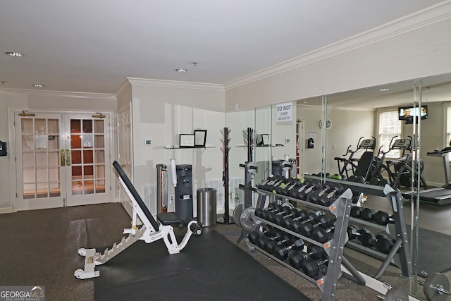 gym featuring french doors and crown molding