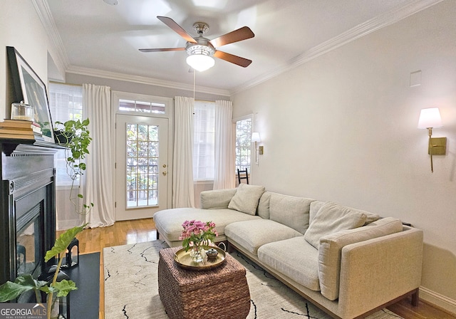 living room featuring ornamental molding, wood-type flooring, and ceiling fan