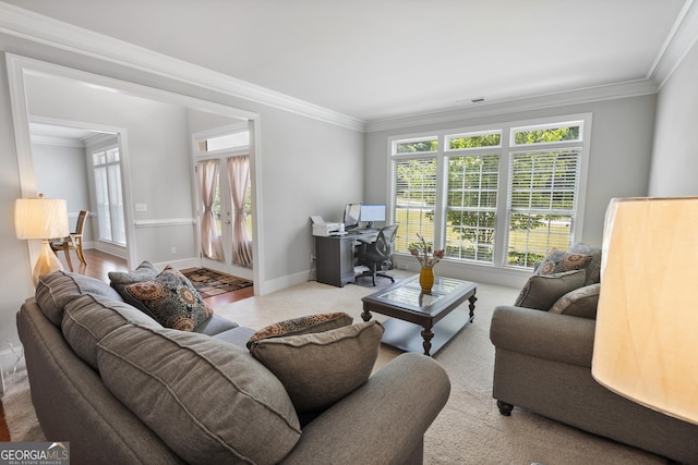 living room with ornamental molding and hardwood / wood-style floors