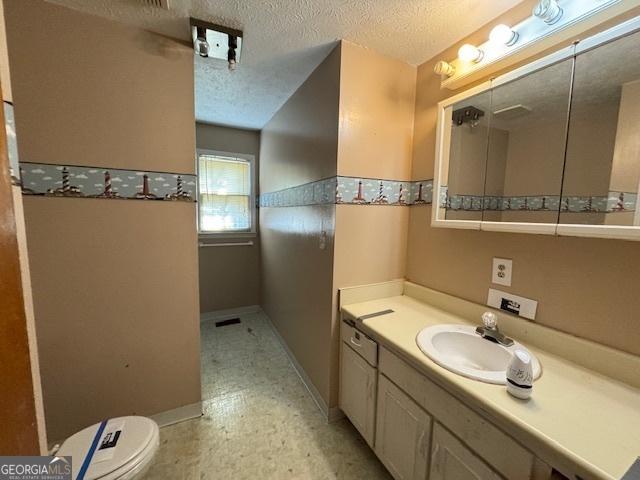 bathroom featuring vanity, toilet, and a textured ceiling