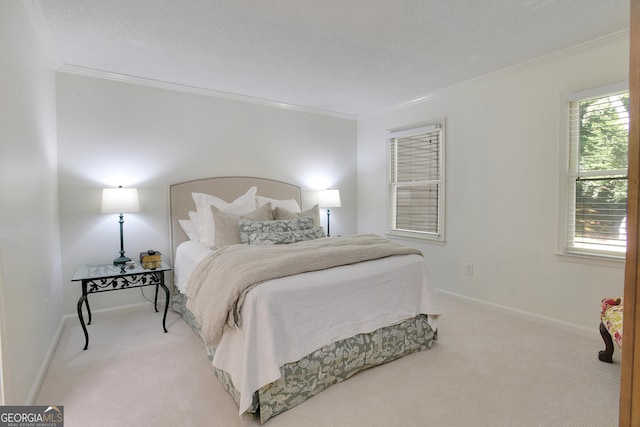 carpeted bedroom featuring multiple windows, a textured ceiling, and ornamental molding