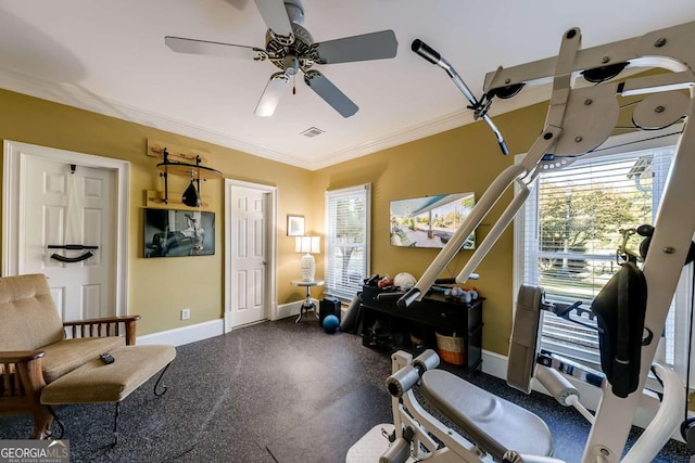 misc room with crown molding and ceiling fan