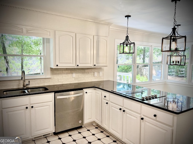 kitchen featuring dishwasher, sink, decorative light fixtures, white cabinets, and black electric stovetop