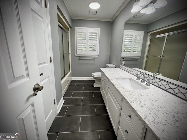 full bathroom featuring toilet, bath / shower combo with glass door, tile patterned flooring, ornamental molding, and vanity