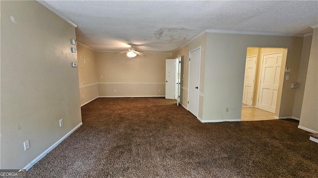 unfurnished room with ceiling fan, carpet floors, a textured ceiling, and ornamental molding