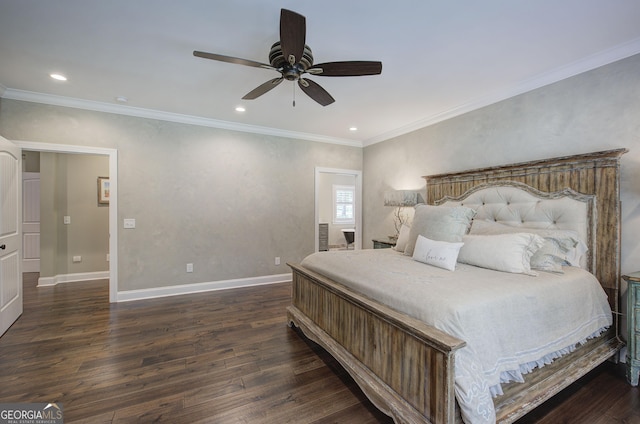 bedroom featuring ceiling fan, crown molding, and dark hardwood / wood-style floors