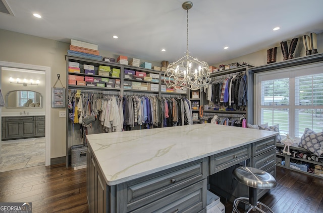 spacious closet featuring dark hardwood / wood-style floors