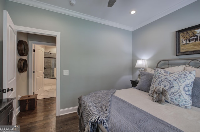 bedroom featuring ceiling fan, crown molding, and dark wood-type flooring