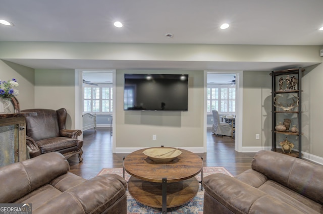 living room with hardwood / wood-style floors, plenty of natural light, and ceiling fan