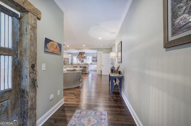 corridor featuring ornamental molding and dark wood-type flooring