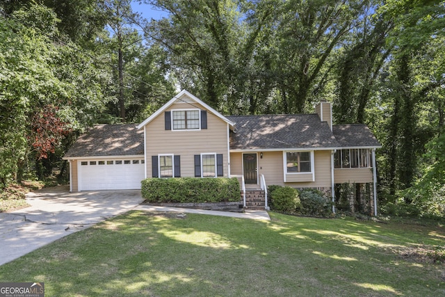 view of front of home featuring a sunroom, a front lawn, and a garage