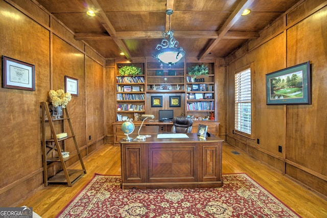 office space featuring wooden ceiling, built in shelves, and wood walls