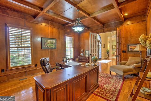 home office featuring wood walls, coffered ceiling, light hardwood / wood-style floors, and wood ceiling