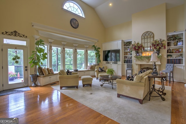 living room featuring light hardwood / wood-style flooring and a towering ceiling