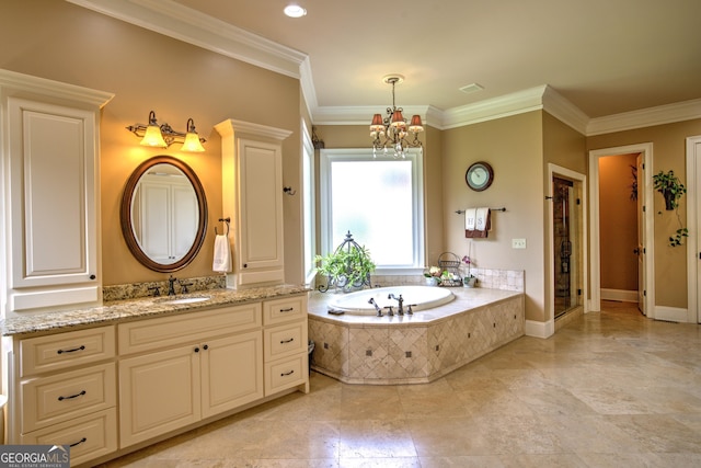 bathroom featuring independent shower and bath, a chandelier, vanity, and ornamental molding