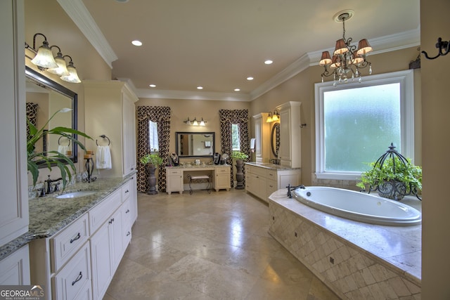 bathroom featuring ornamental molding, a relaxing tiled tub, a notable chandelier, and vanity