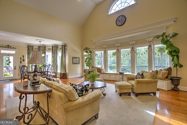 living room featuring light wood-type flooring and high vaulted ceiling