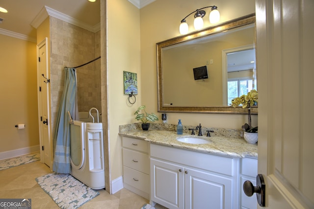 bathroom featuring tile patterned floors, walk in shower, vanity, and crown molding